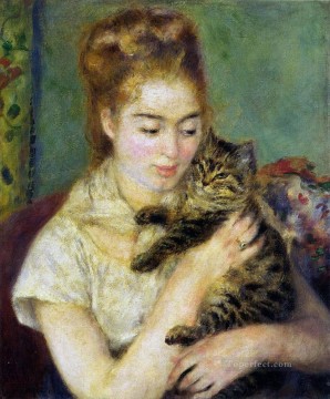 ピエール=オーギュスト・ルノワール Painting - 猫を飼う女性 ピエール・オーギュスト・ルノワール